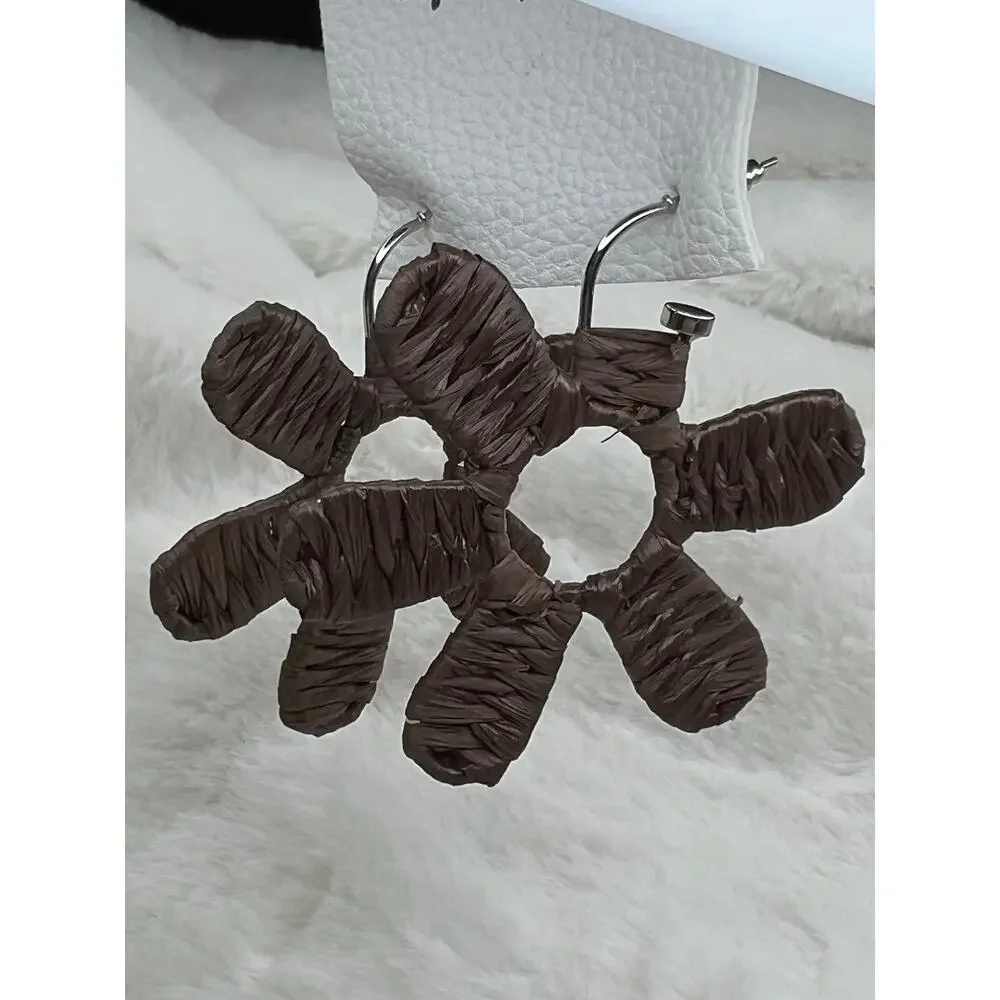 NWT Free People Wendy Woven Flower Hoop Earrings Chocolate Brown Boho Multi